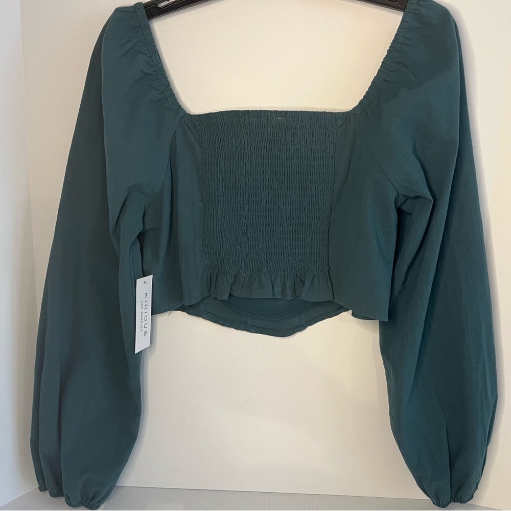 Kirious Long Sleeve 100% Textured Washed Cotton Crop Top - Teal - Picture 2 of 10